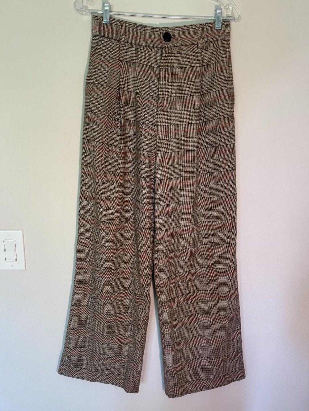 Zara Pants Plaid Houndstooth Straight Leg Pockets Neutral Trousers Tan Brown